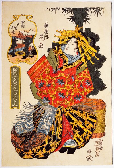 Kurtisane Hanaogi aus dem Ogiya-Haus bei der Frühlingsparade der Kurtisanen, um 1830, Ukiyo-e-Kunstdruck von Keisai Eisen (1790-1848) von Keisai Eisen