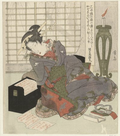 Eine Geisha lehnt sich auf die Schachtel ihres Shamisen von Keisai Eisen
