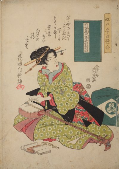 Frau, die eine Saite auf eine Shamisen aufzieht, aus der Serie: Musikwettbewerb im Shamisen-Spiel in Edo / Edo ongyoku uta-awase von Keisai Eisen