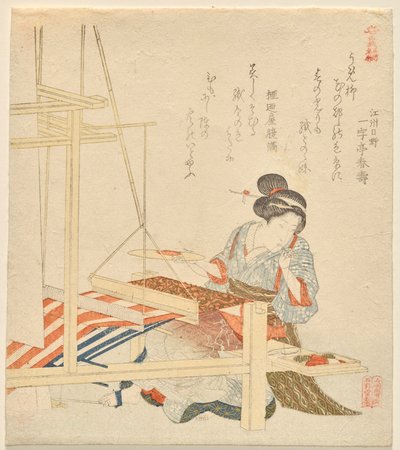 Frau sitzt an einem Webstuhl, aus der Serie Die berühmten Orte und Produkte von Yamashiro [Südlicher Teil des Kyoto-Distrikts] von Keisai Eisen