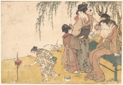 Ein Kind zündet Feuerwerk an, aus dem illustrierten Buch Blumen der vier Jahreszeiten von Kitagawa Utamaro