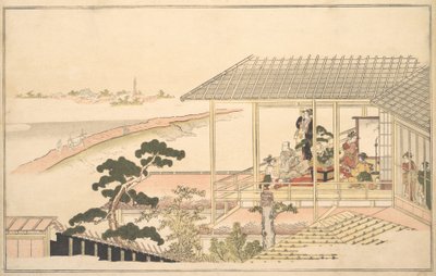 Eine fröhliche Gesellschaft in einem Haus in Yoshiwara bei Mondschein, 1789 von Kitagawa Utamaro
