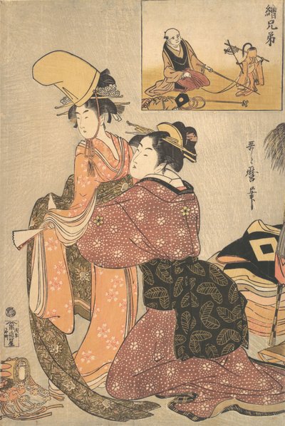 Eine Frau zieht ein Mädchen für den Kabuki-Tanz „Musume Dojoji“ an, ca. 1795-96 von Kitagawa Utamaro