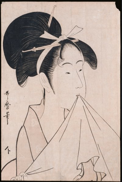 Ein Brustporträt von Okita von der Naniwaya, die ein Handtuch in den Zähnen hält und das Tuch dehnt von Kitagawa Utamaro