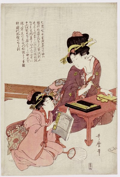 Eine junge Frau sitzt an einem Schreibtisch und schreibt, ein Mädchen mit einem Buch schaut zu von Kitagawa Utamaro