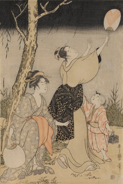Glühwürmchen fangen unter einem Weidenbaum links, ca. 1796-1797 von Kitagawa Utamaro