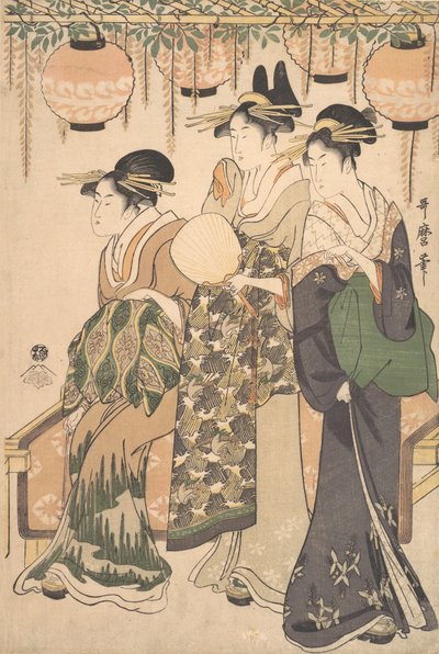Kurtisanen unter einem Glyzinienlauben von Kitagawa Utamaro