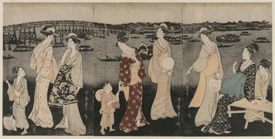 Den Abendkühle entlang des Sumida-Flusses genießen von Kitagawa Utamaro
