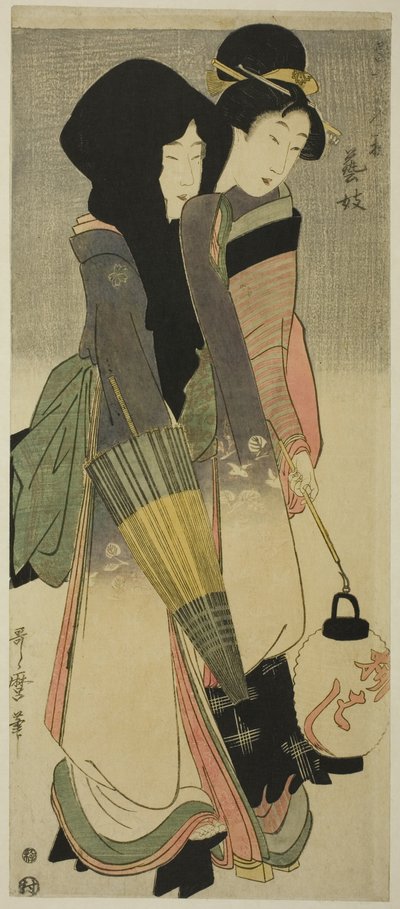 Geisha (Geigi), aus der Serie "Drei Vergnügungen zeitgenössischer Schönheiten" ("Tosei bijin san’yu") von Kitagawa Utamaro