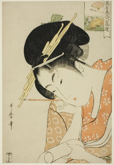 Hanaogi von der Ogiya, aus der Serie "Berühmte Schönheiten verglichen mit den sechs unsterblichen Dichtern (Komei bijin rokkasen)" von Kitagawa Utamaro