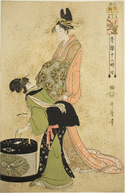 Stunde des Hahns (Tori no koku), aus der Serie "Zwölf Stunden in Yoshiwara (Seiro juni toki tsuzuki)" von Kitagawa Utamaro