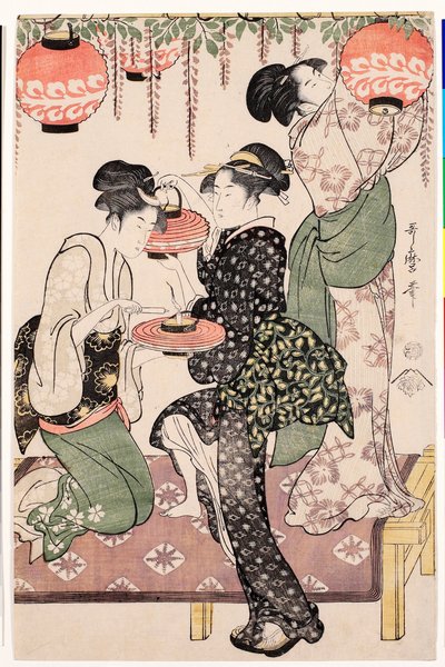 Teestubenmädchen unter einem Glyzinien-Spalier von Kitagawa Utamaro
