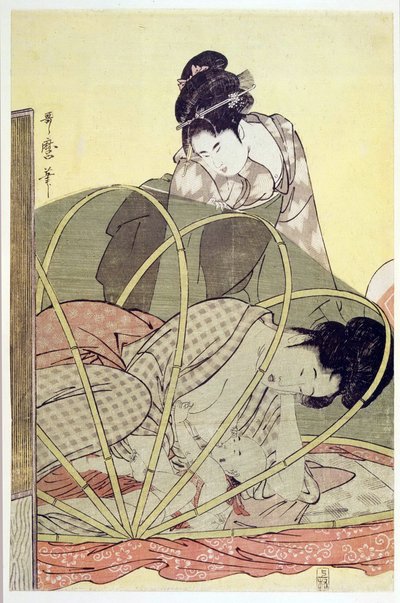 Mutter stillt Baby unter Moskitonetz von Kitagawa Utamaro