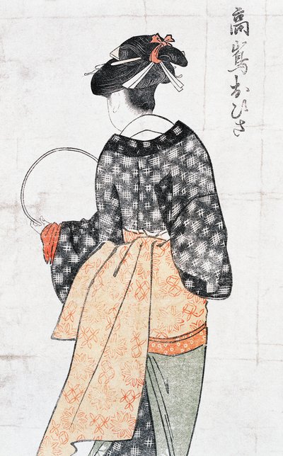 Ohisa aus dem Takashima-Teesalon, Frau im Kimono mit Fächer, ukiyo-e Kunstdruck von Kitagawa Utamaro (1753-1806), Holzschnitt, japanische Zivilisation, Edo-Zeit von Kitagawa Utamaro