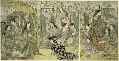 Bild von Hideyoshi und seinen fünf Frauen, die Kirschblüten in Higashiyama betrachten von Kitagawa Utamaro