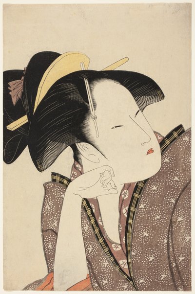 Reflektierende Liebe, aus der Serie "Anthologie der Gedichte: Die Liebesabteilung (Kasen koi no bu) (Mono-omou koi)" von Kitagawa Utamaro