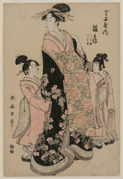 Die Kurtisane Hinazuru von Chojiya mit ihren Begleiterinnen Tsuruji und Tsuruno von Kitagawa Utamaro