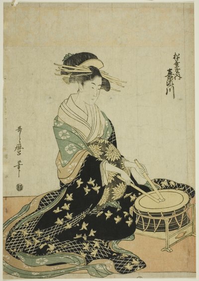 Die Kurtisane Kisegawa von der Matsubaya, aus einer unbetitelten Serie von Kurtisanen der Matsubaya als fünf Musiker von Kitagawa Utamaro