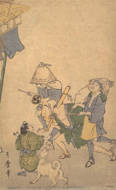 Drei Feiernde der unteren Klassen, die Komuso-Hüte tragen..., spätes 18. bis frühes 19. Jahrhundert von Kitagawa Utamaro