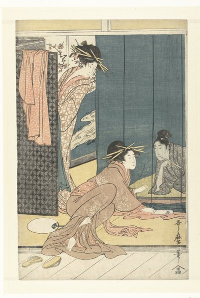 Zwei Kurtisanen und ein junger Mann unter einem Moskitonetz von Kitagawa Utamaro