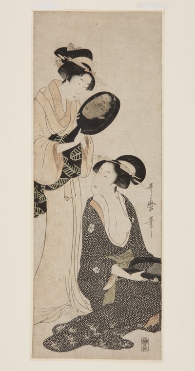 Zwei Damen, jede mit einem Teil eines lackierten Spiegels von Kitagawa Utamaro