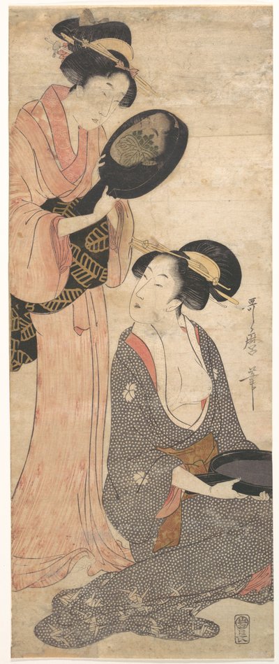 Zwei Damen, jeweils mit einem Teil eines lackierten Spiegels von Kitagawa Utamaro