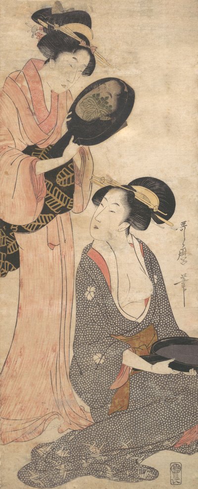Zwei Damen, jede mit einem Teil eines lackierten Spiegels von Kitagawa Utamaro