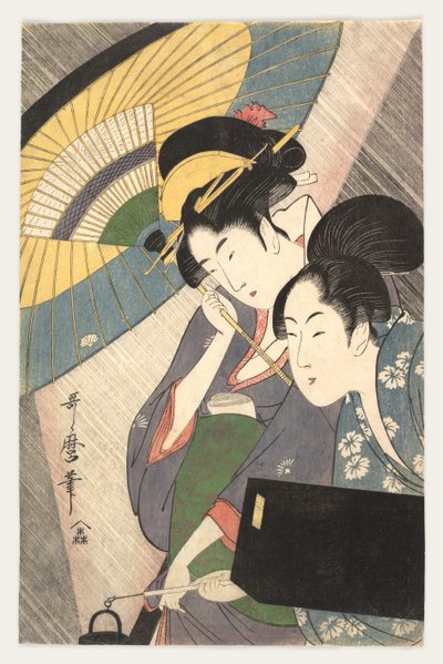 Zwei Frauen unter einem Regenschirm von Kitagawa Utamaro