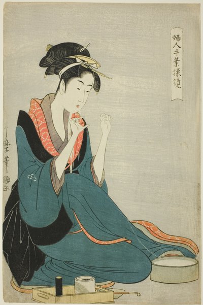 Faden binden, aus der Serie "Frauenhandwerk: Modelle der Geschicklichkeit" von Kitagawa Utamaro
