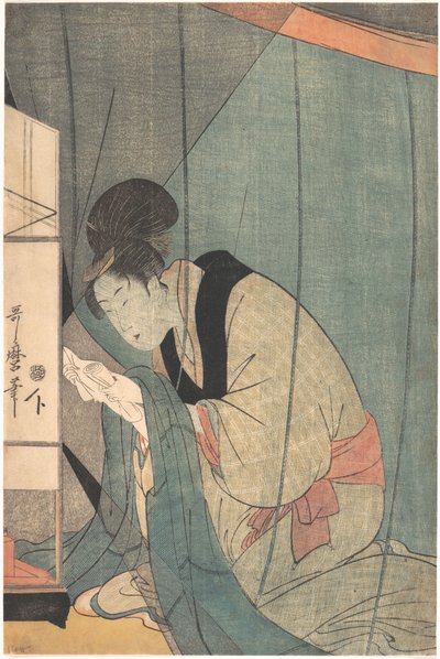 Frau, die unter einem Moskitonetz einen Brief liest von Kitagawa Utamaro