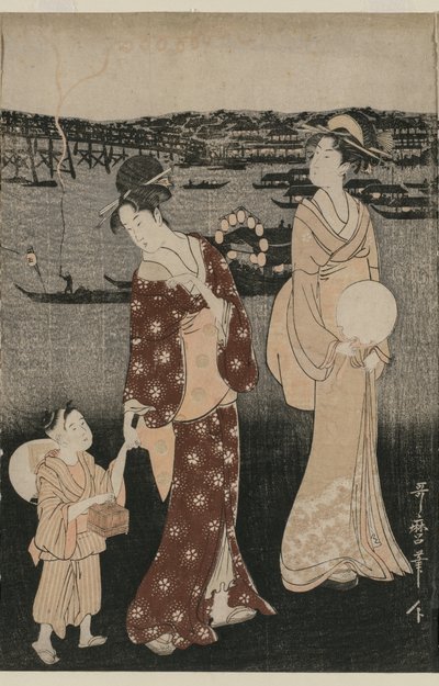 Frauen genießen die Abendkühle in der Nähe der Ryogoku-Brücke von Kitagawa Utamaro