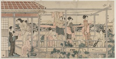 Frauen hängen Wäsche zum Trocknen auf einem Balkon auf von Kitagawa Utamaro