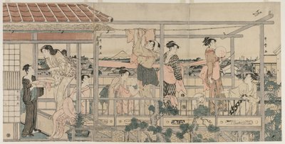 Frauen hängen Wäsche zum Trocknen auf einem Balkon auf, frühe 1790er Jahre von Kitagawa Utamaro