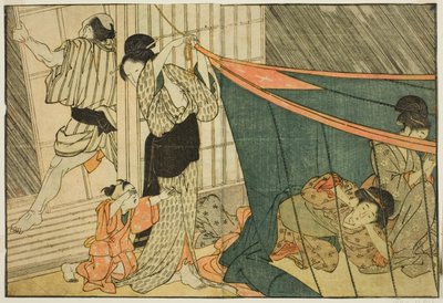 Frauen in einem Moskitonetz während eines Gewitters, aus dem illustrierten Buch "Bilderbuch: Blumen der vier Jahreszeiten (Ehon shiki no hana)," Bd. 1 von Kitagawa Utamaro