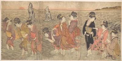 Frauen verehren die aufgehende Sonne zwischen den Zwillingsfelsen von Ise von Kitagawa Utamaro