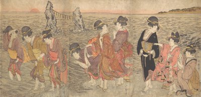 Frauen, die die aufgehende Sonne zwischen den Zwillingsfelsen in Ise anbeten, spätes 18. - frühes 19. Jahrhundert von Kitagawa Utamaro