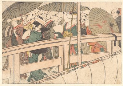 Frauen auf einer Brücke, aus dem illustrierten Buch „Blumen der vier Jahreszeiten“ von Kitagawa Utamaro