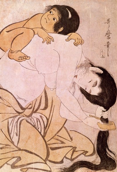 Yamauba und Kintoki. Die Mutter kämmt ihr Haar, während sie ihr Kind auf dem Rücken trägt. Japanischer Druck von Utamaro Kitagawa (1753-1806). 18. Jahrhundert. Paris, Guimet Museum, Museum für asiatische Kunst von Kitagawa Utamaro
