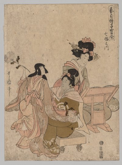 Bunraku-Puppenspiel aus der Serie Wettbewerb der kostbaren Kinder, stolz auf ihre Künste, unter sieben Schriftrollen von Kitagawa Utamaro II