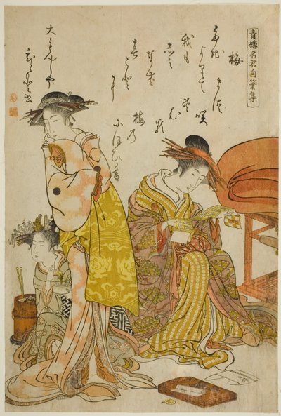 Die Kurtisane Hitomoto von Daimonjiya, aus dem Album "Vergleich neuer Schönheiten von Yoshiwara - Ein Spiegel ihrer eigenen Schriften (Keisei shin bijin awase jikihitsu kagami)" von Kitao Masanobu
