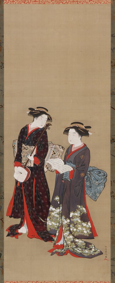 Zwei Mädchen stehen, eines hält ein offenes Buch, 1615-1868 von Kitao Shigemasa