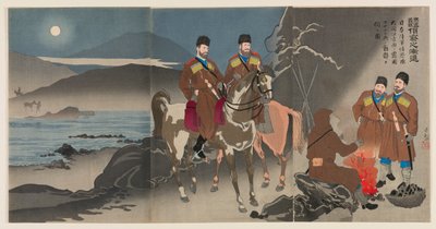 Allmählicher Vormarsch der Späher im gerechten Krieg zur Bestrafung Russlands: Eine Spähtruppe der japanischen Armee beobachtet die Bewegungen russischer Kosakensoldaten am Daedong-Fluss von Kobayashi Kiyochika