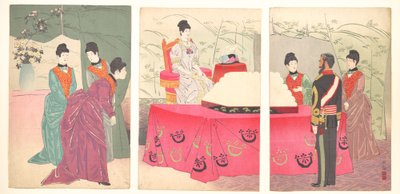 Darstellung des Besuchs der Kaiserin im Hauptquartier des Generalstabs [zur Überreichung eines Tabletts mit Verbänden] (Sanbō honbu gyōkei no zu) von Kobayashi Kiyochika
