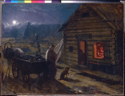 Vor einer Taverne (Nacht Szene, eine Frau mit ihrem Baby und einem Hund warten neben einem Pferdewagen vor der offenen Tür eines Holzgebäudes, in dem sich betrunkene Männer versammeln) von Konstantin Alexandrovich Trutovsky