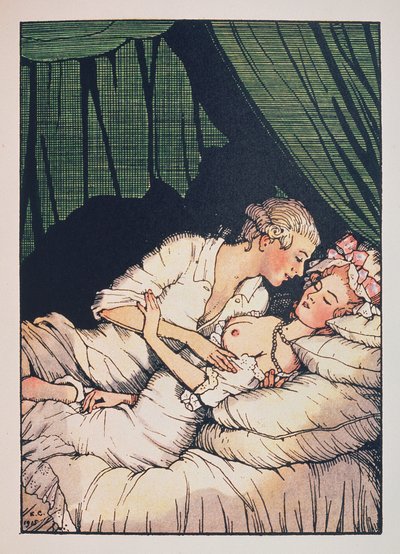 Illustration für "Das Buch der Marquise" von Franz Blei (eine Marquise, mit nackten Brüsten, liegt mit ihrem Liebhaber im Bett) - Werk von Konstantin Andreyevich Somov (1869-1939) von Konstantin Andreevic Somov