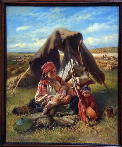 Schnitterin. Während der Ernte stillt eine Frau ihr Neugeborenes und beaufsichtigt ein weiteres Kind, im Hintergrund arbeiten Bauern auf den Feldern. von Konstantin Egorovich Makovsky