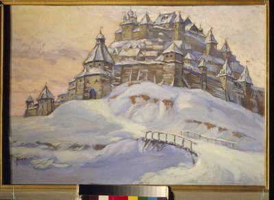 Festung des alten Russland. (Holzbefestigte Stadt, im Schnee in der Ukraine im Mittelalter). Werk von Konstantin (Constantin) Ivanovich Gorbatov (1876-1945), Tempera auf Holz, Anfang des 20. Jahrhunderts. Private Sammlung von Konstantin Ivanovich Gorbatov