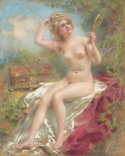 Sitzender Akt, der in einen Spiegel schaut von Konstantin Makovsky