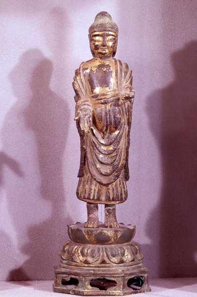 Koreanische Kunst: Buddha-Statuette aus vergoldeter Bronze. Silla-Periode, 8. Jahrhundert. Hyung Pil Chun Sammlung von Korean School