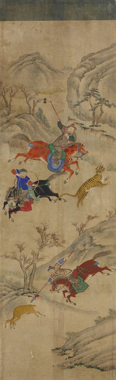 Jagdszene (3 Reiter jagen Hirsche und Tiger) von Korean School